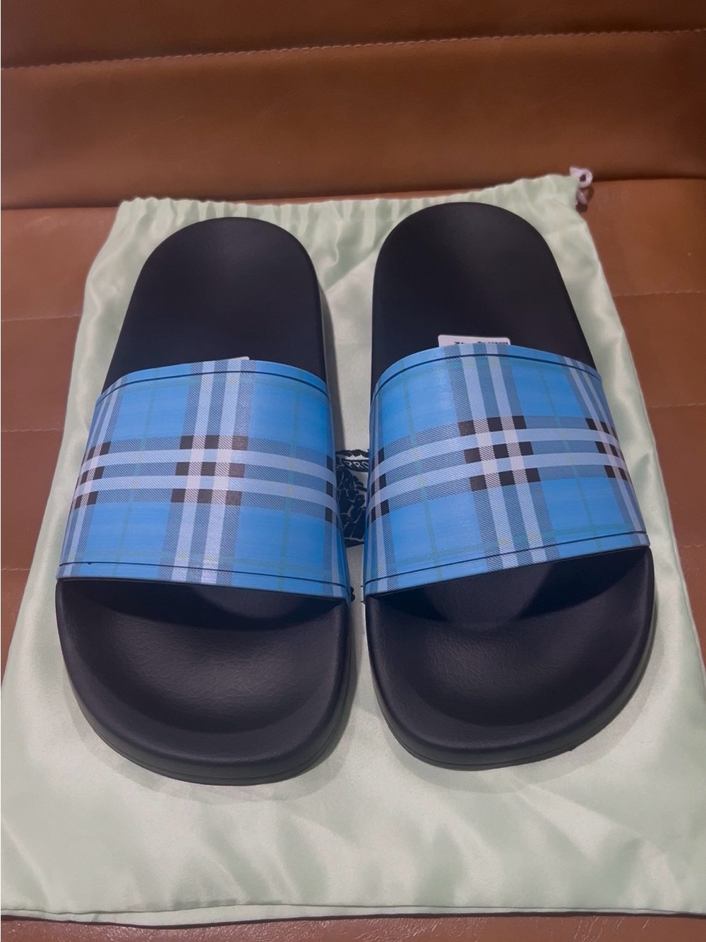 Burberry Black Slides with Blue Plaid Strap